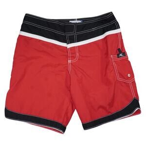 Rusty Board Shorts Red Black Colorblock Size 7 Made in USA Surf Swim Trunks